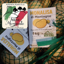Load image into Gallery viewer, Etichette delle patate Monalisa da 1 kg, patate di montagna a buccia gialla, prodotte a Borgoratto Mormorolo Boiolo Pavia dall'azienda Agricola Torre Memoriola